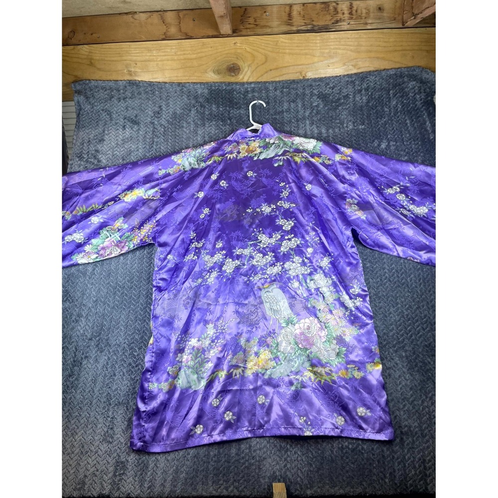 Vintage Marukyo Kyoto Tokyo Japanese Kimono Women Purple Floral Crane Satin - Picture 2 of 6